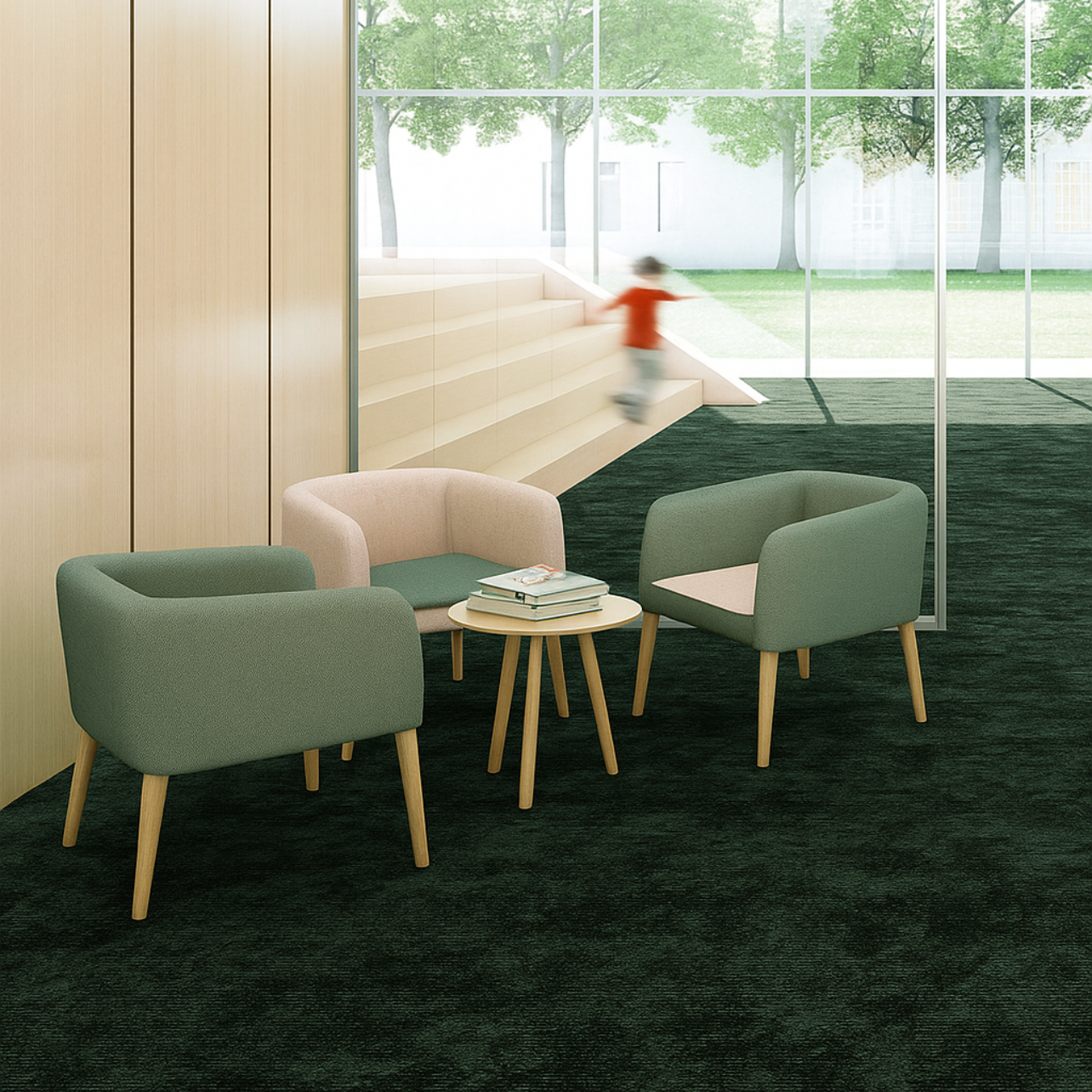 Modern living room with green chairs and a large window showing garden views.